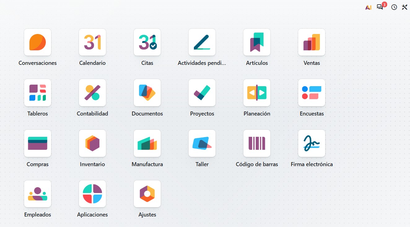 Pantalla de Odoo: panel principal de aplicaciones